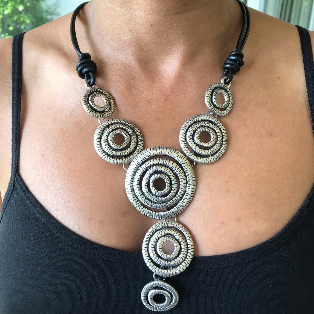 Platinum Toned Metal Necklace Black Leather Chain